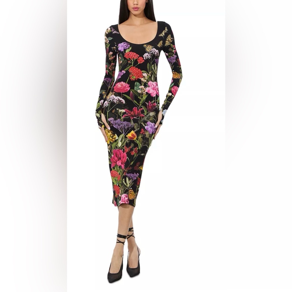 NWT Alice and Olivia Delora Dark Floral Scoop Neck Midi Dress Size 2